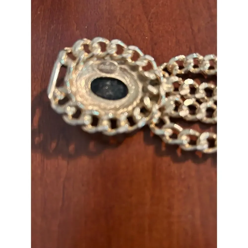 Vintage Gold Tone Multi Strand Chain Belt Buckle Black Cabochon Statement
